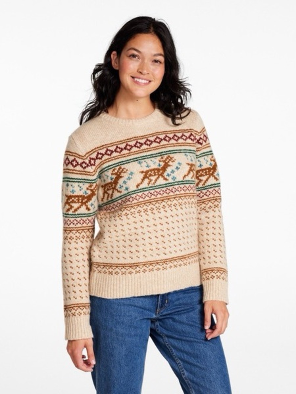 L.L. Bean Ragg Wool Cream Reindeer Crewneck Sweater